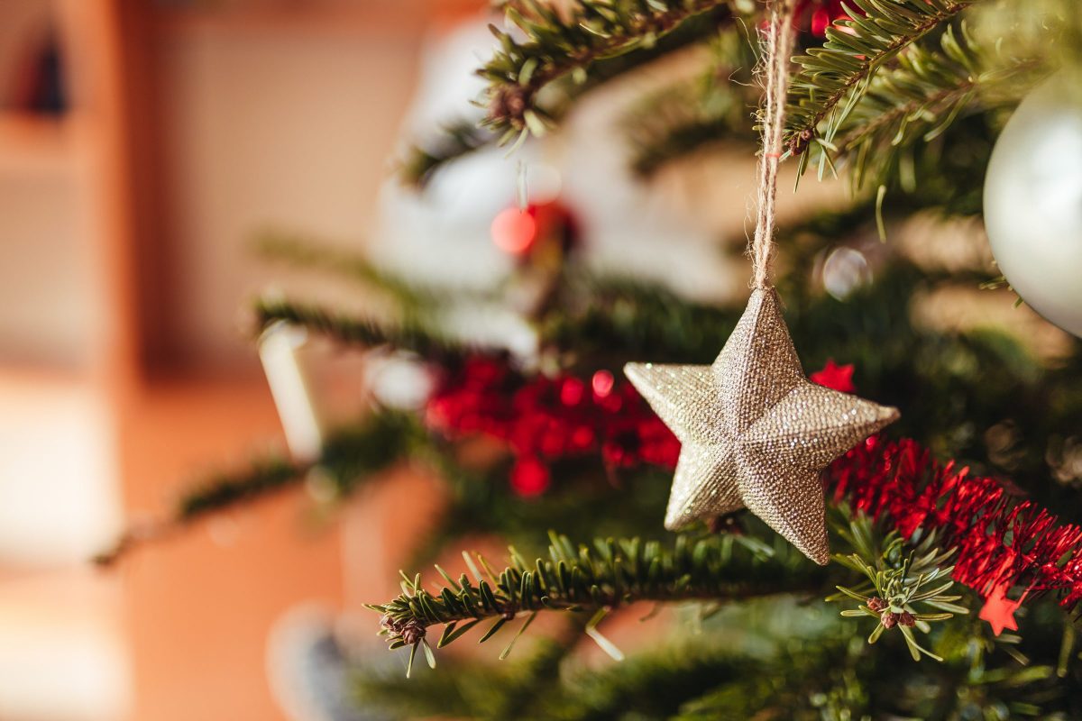 A estrela do Natal 3 selective focus shot of star ornament hanging on christmas tree