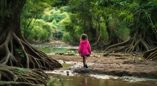 uma jovem caminhando por um pedaco de terra com arvores